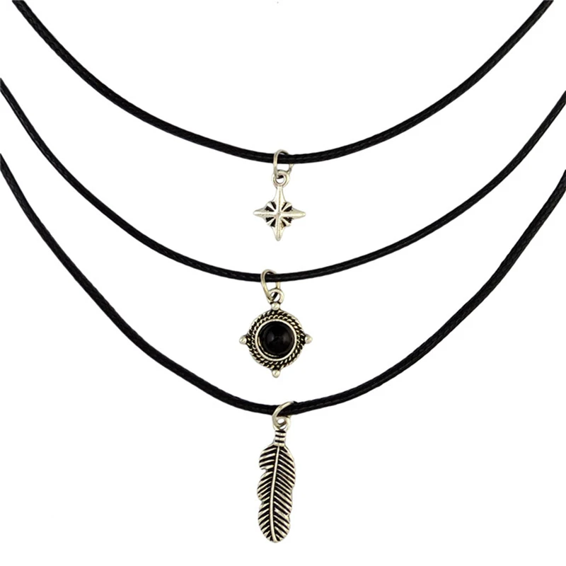 3 шт./компл. модные черные кожаные Звездные Листья Чокеры с камнями ожерелье s