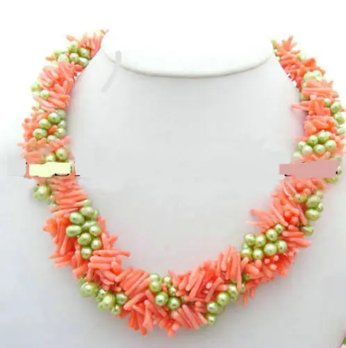 

Beautiful! 4Strands Green Freshwater Pearl&Coral Necklace