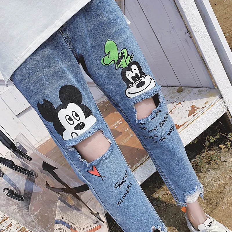 Джинсы для беременных из джинсовой ткани с изображением Микки Мауса Хлопковые