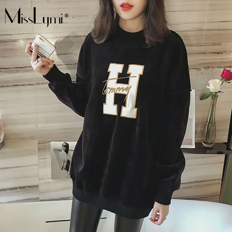 MissLymi L-4XL плюс размеры толстовки для женщин 2019 Весна письмо 'H' патч с длинным