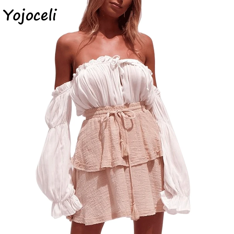 Yojoceli 2018 хлопковые блузки с открытыми плечами и рюшами рубашка для женщин уличная