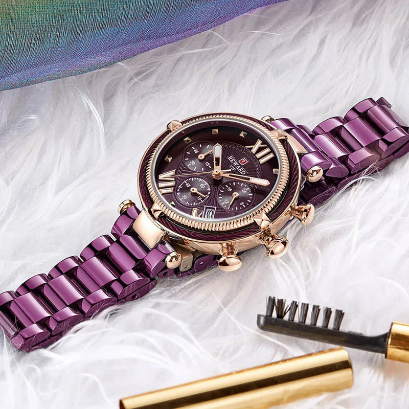 

Watch Women Gold Luxury Bracelet Wristwatch Top Brand Chronograph Sports Women Watch Waterproof Dress Clock Purple montre femme