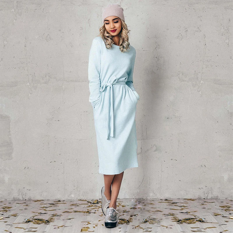 Женское Бандажное платье светло синее Повседневное до колена с длинным рукавом