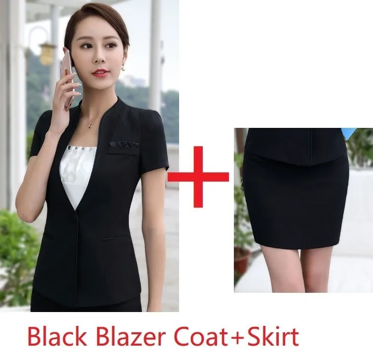 Black Skirt Suits Новинка, серый цвет, лето, формальный Профессиональный деловой женский костюм с пиджаком и штанами, Женская рабочая одежда, блейзеры, OL стили - Цвет: Black Skirt Suits
