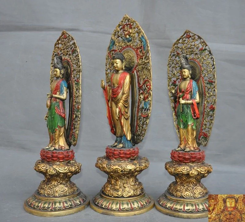 

wedding decoration Old Tibet Buddhism bronze Gilt Sakyamuni Shakyamuni Kwan-Yin 3 god Buddha statue