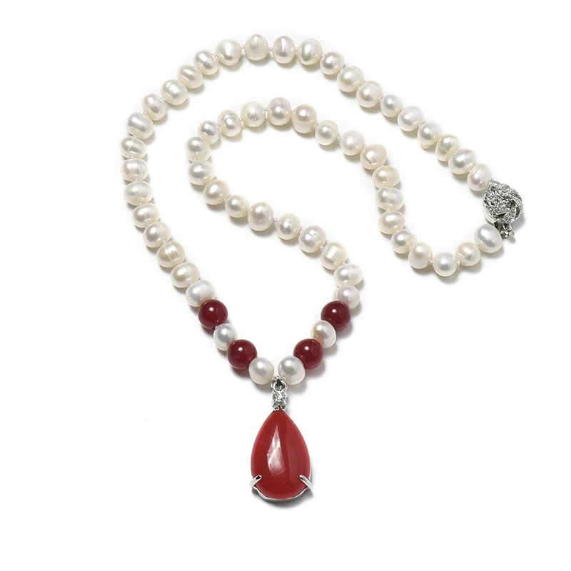 Ожерелье из натурального жемчуга 8 9 мм с четырьмя полупрозрачными красными