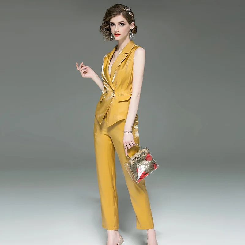 Летние Для женщин комплект из 2 частей блейзер без рукавов Топ + узкие брюки