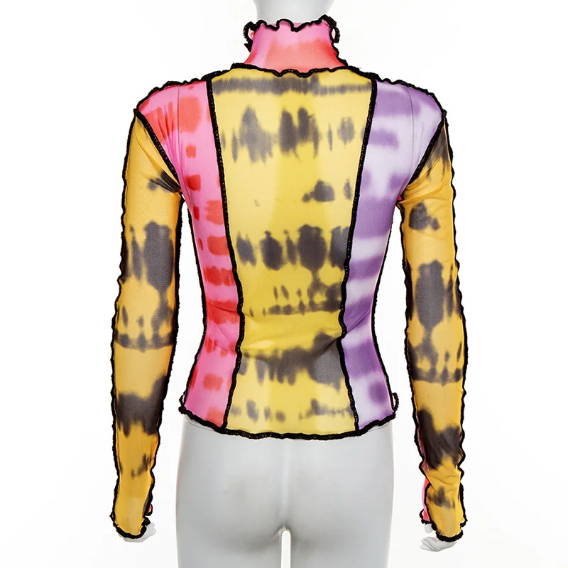 Модная футболка BOOFEENAA, женские футболки с графическим принтом Tye Dye, Лоскутная Прозрачная Сетчатая футболка с высоким воротом и длинным рукавом, уличная одежда, C94-AZ15