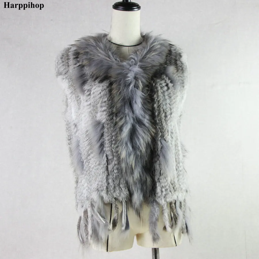 Spring Autum Women's  Natural Real Rabbit Fur Vest With Raccoon fur Collar Knit waistcoat/jackets rex rabbit Short Vest Big Size