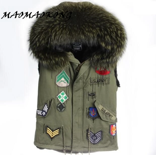 2017 New Winter Fur Vest Hooded British Style Army Green Color Real Raccoon Fur Collar Women Gilets Brand Hot Sale