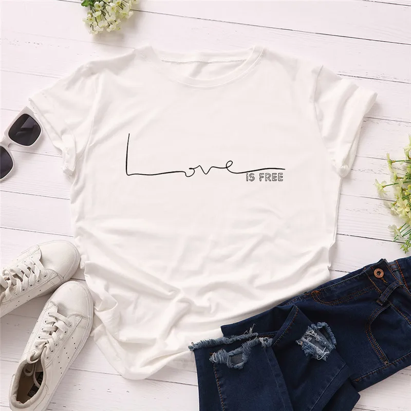 Футболка женская с надписью Love S 5XL хлопок топ круглым вырезом и коротким рукавом