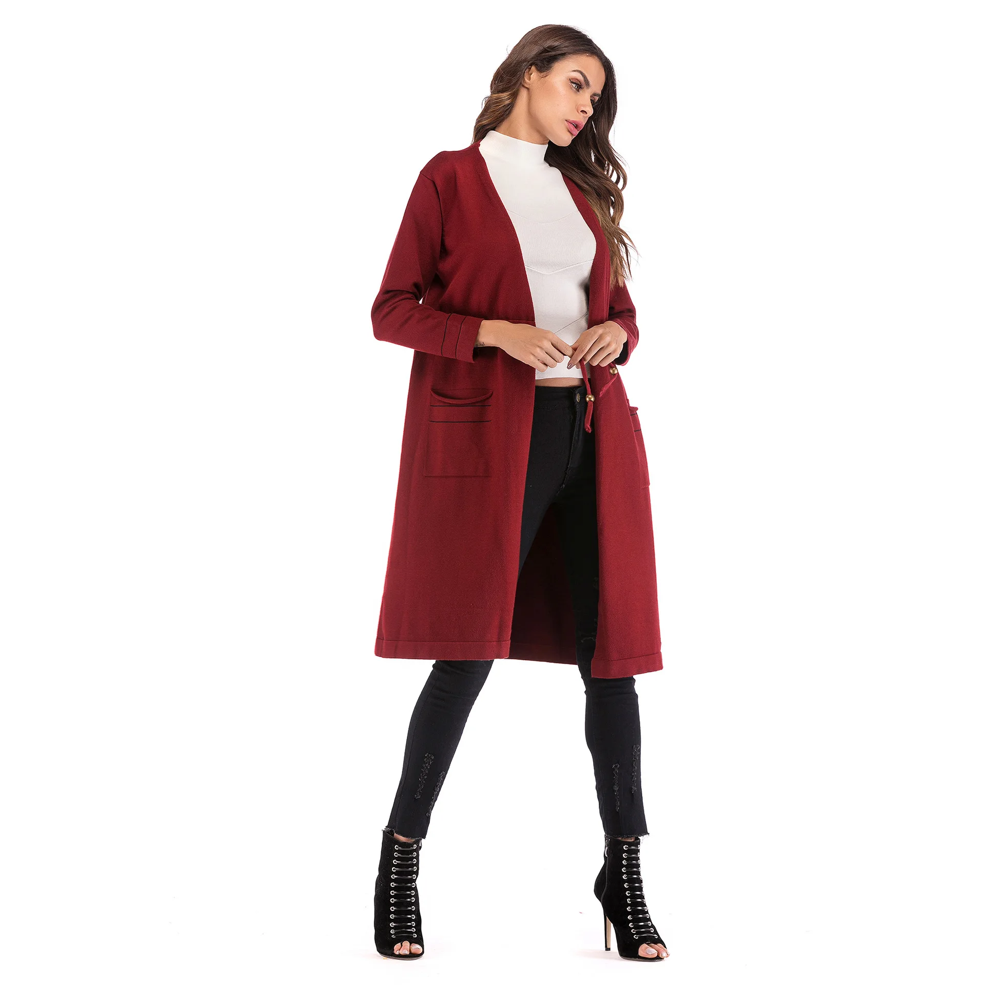 Womens Winter Open Front Split Stripe Belt Lace Up Pocket Knitting Sweater Long Cardigan Lady Autumn Cape Wrap Scarf Casual Coat |