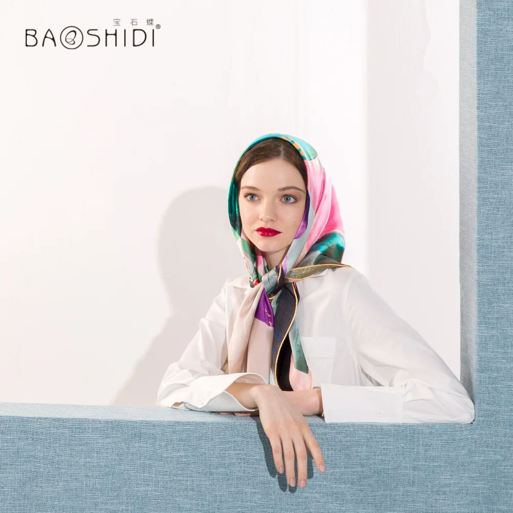 [BAOSHIDI] 100% шелковый шарф женский 2017 новое поступление модный брендовый шаль 90*90 см