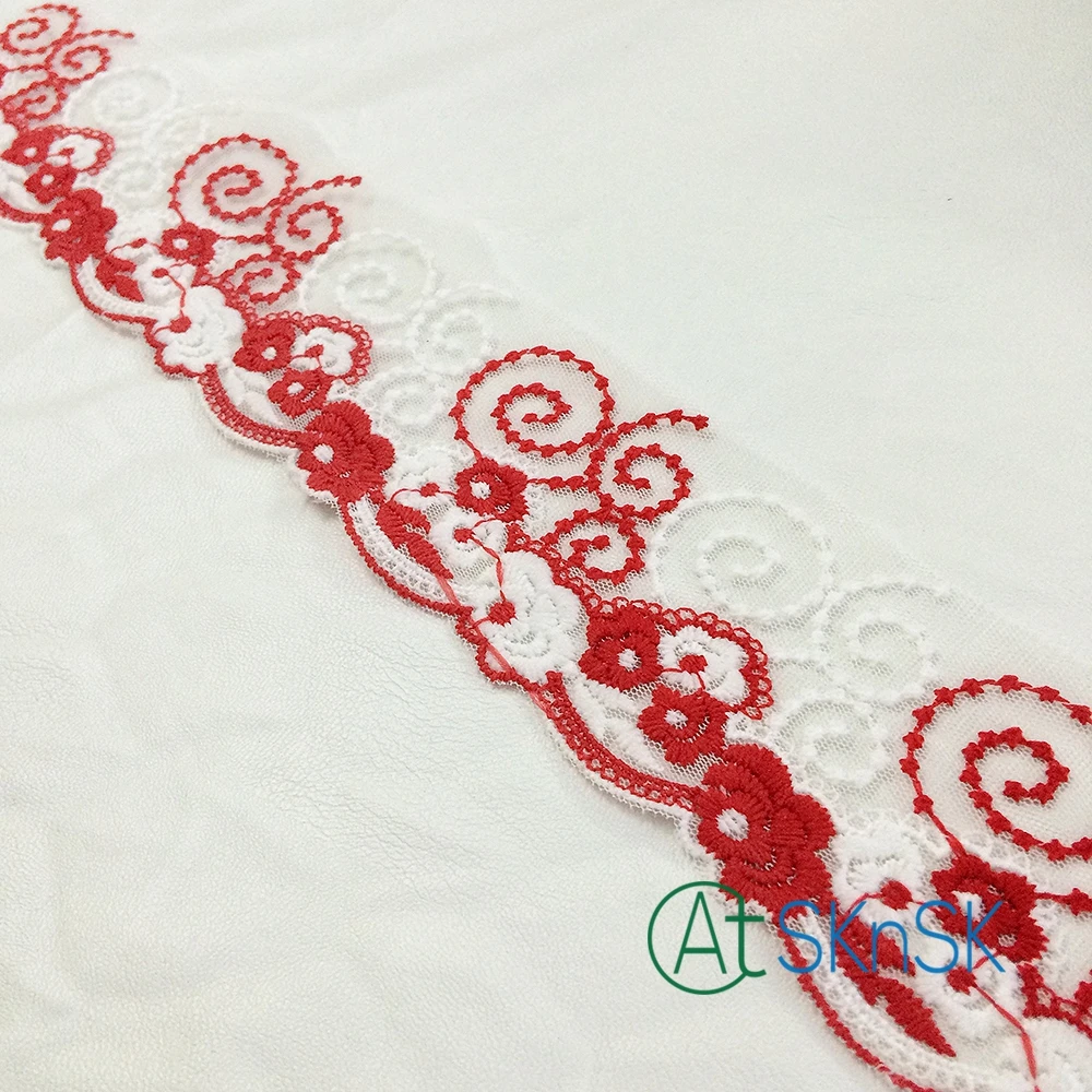

500 yards/ lot wholesale newest design 7cm Width red flower mesh lace french fabric lace dress accessory embroidered lace ribbon