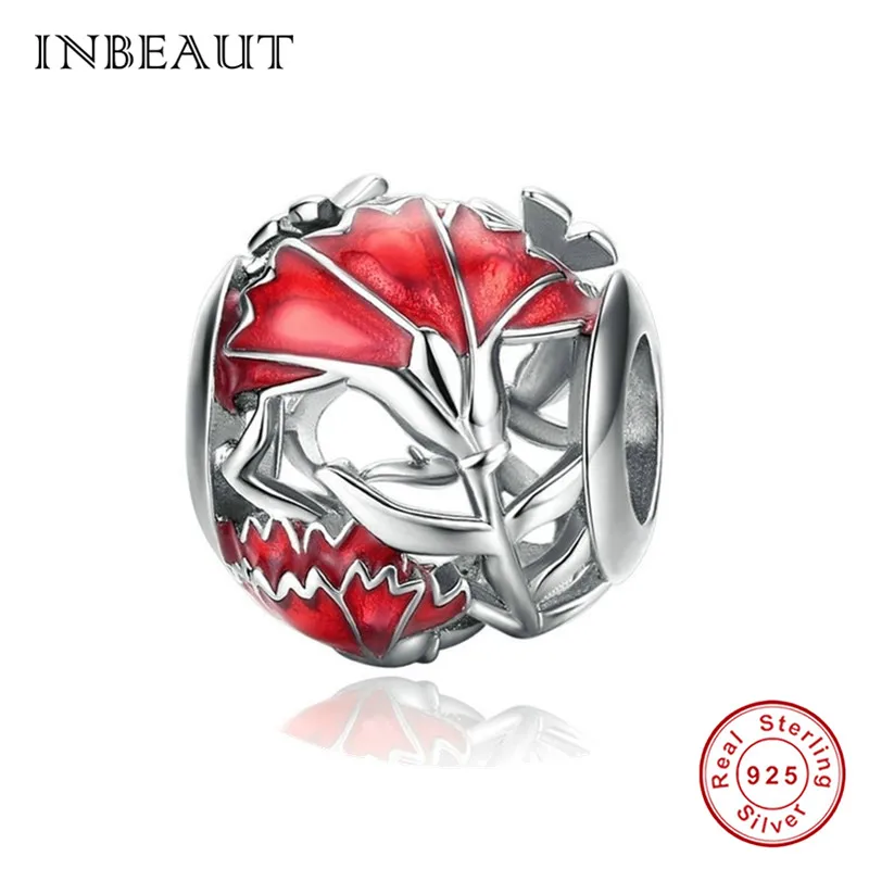 INBEAUT 925 пробы Серебряный Красный Китайский Персонаж Бог Лев Бусы для танца fit Pandora браслет роза Сердце Бабочка Подвески