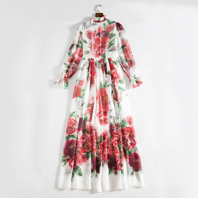 2019 Spring Bohemian Long ladies Dresses White Floral Print Bow Collar Casual Runway Design Maxi Dress For Women Boho clothes | Женская