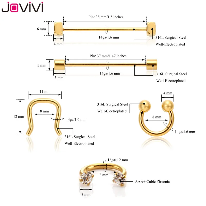 Jovivi Stainless Steel 16G/14G Body Piercing Jewelry for Eyebrow Industrial Cartilage Daith Septum Ear Helix Nose Barbell Cap | Украшения и