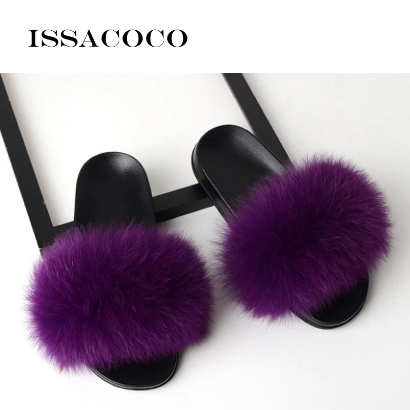 Purple ISSACOCO/женские пушистые тапочки; женские милые плюшевые пушистые тапочки с лисьим мехом; женские меховые тапочки; зимние теплые тапочки для женщин - Color: Purple