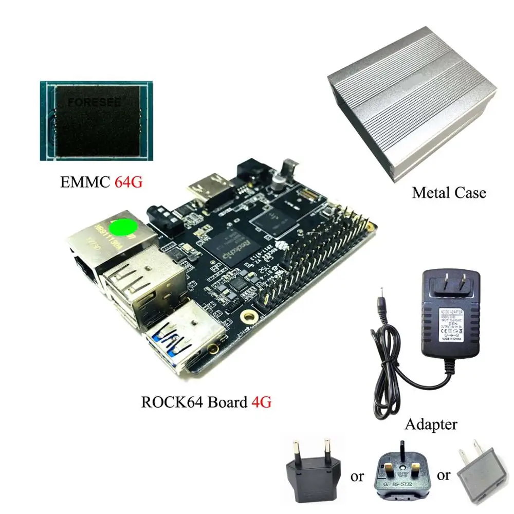 Kit 9 ROCK64 PINE64 ТВ-приставка Android Linux Debian медиа-макетная плата+ 1 ГБ/2 ГБ/4 ГБ LPDDR3+ 16 GB/32/64 Гб памяти на носителе EMMC+ металлический чехол+ 5V 3A адаптер переменного тока - Цвет: Kit 9