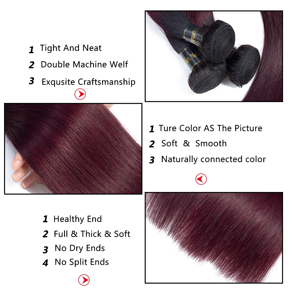 

Ombre Hair 3 Bundles With Closure QT Professional 1B/99J Burgundy Dark Wine Red 100% Human Hair Peruvian Straight Human Hair