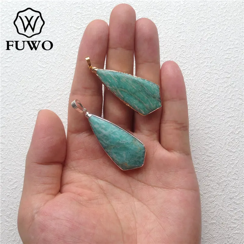 

FUWO Natural Water Drop Amazonite Stone Pendant With 24K Gold Electroplated Edge Fashion Green Gem Stone Faced Pendant PD177