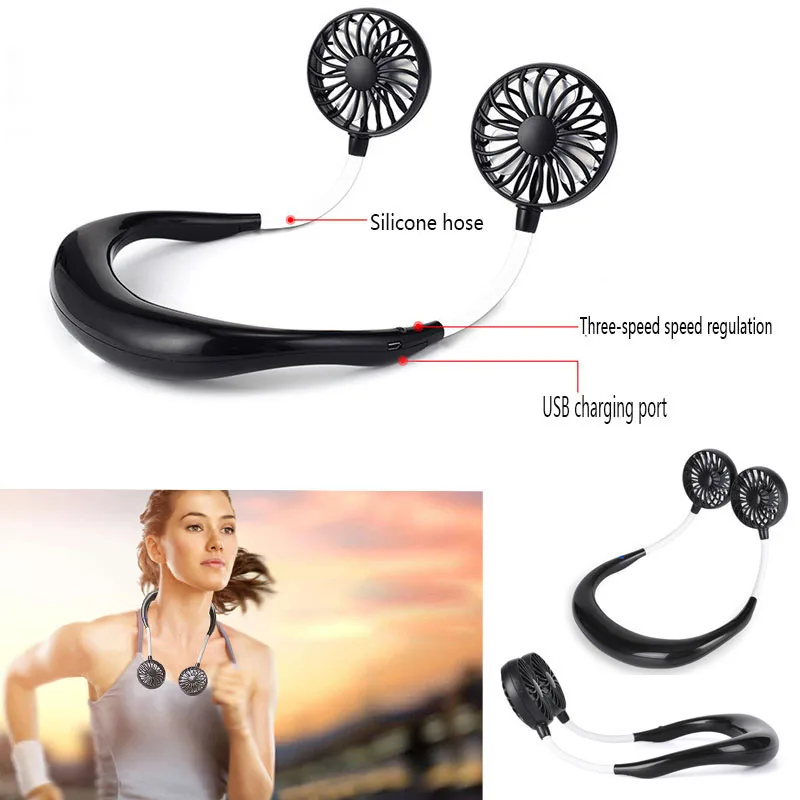 Black Portable Mini Double Head Fan Neckband With Usb Rechargeable Air Cooler Travel Outdoor Office | Бытовая техника