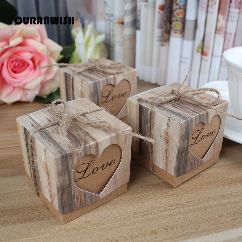 Candy Boxes Love Heart Kraft Box Paper Gift with Burlap Jute Shabby Chic Twine Wedding Favor Valentine's Day and Part | Дом и сад