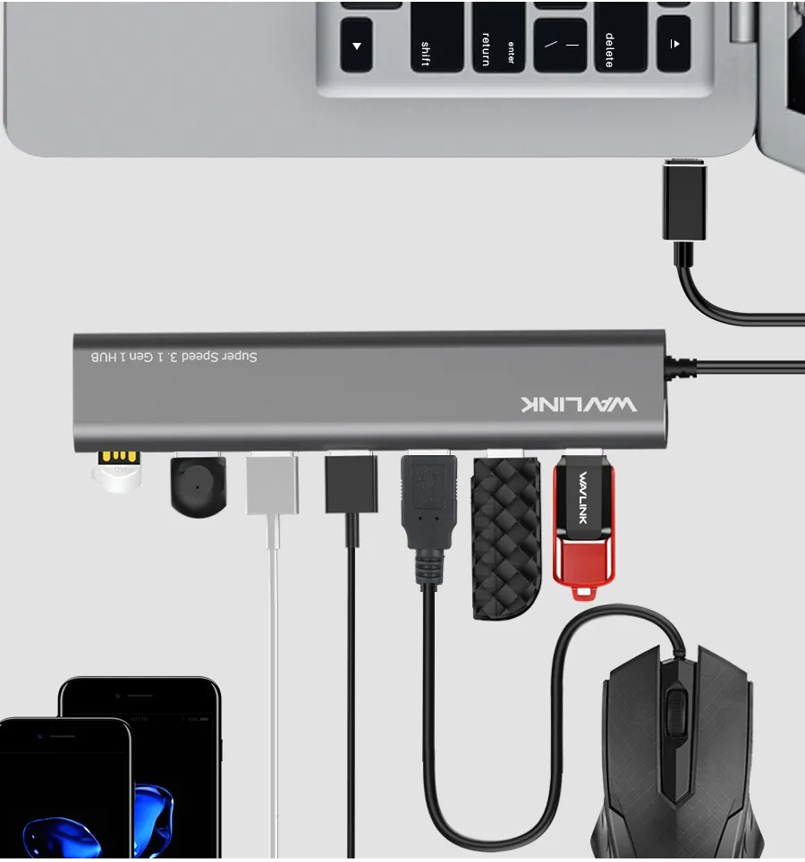 Wavlink USB 3,1 Тип с разъемами типа C и 7 Порты USB 3,0 концентратор высокой Скорость Алюминий сплав USB-C Тип C кабель док-станция USB 5V 4A для компьютера, ноутбука