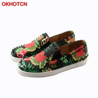 okhotcn handmade fashion leather slip on men loafers casual shoes rivets studded round toe flower printing spikes men flat shoes