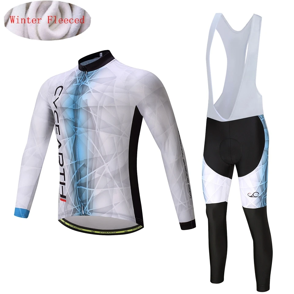 fleece bib set Зимний комплект одежды для велоспорта из теплого флиса, CYCEARTH, Мужская теплая трикотажная куртка, одежда велосипедная нагрудник, брюки, Maillot Ropa Ciclismo - Цвет: fleece bib set