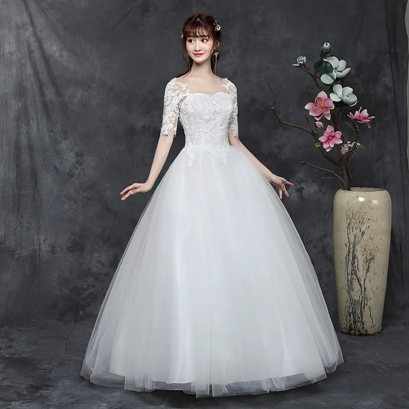 

Wedding Dress 2019 Summer Bridal Gowns Ball Gown Vintage Illusion Lace Tulle Sweetheart Half Sleeve Floor Length White Plus Size