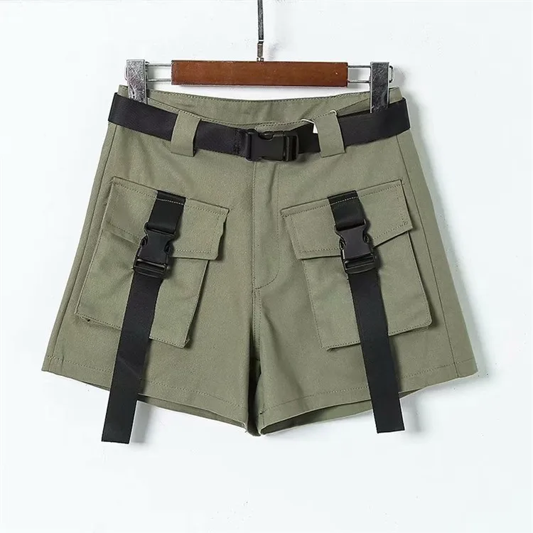 Летние женские шорты с высокой талией и поясом, короткие брюки с карманами в стиле сафари размера плюс, повседневные армейские зеленые женские шорты - Цвет: Army green