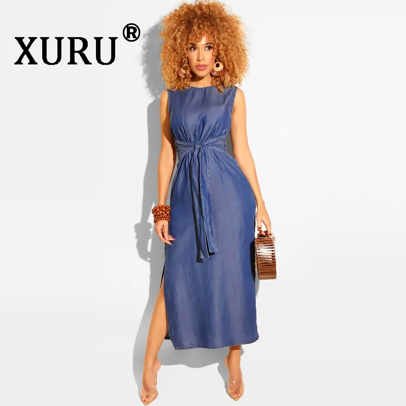 

XURU Summer New Women's Dress Sexy Sleeveless High Split Denim Dress Dark Blue Light Blue Black Dress