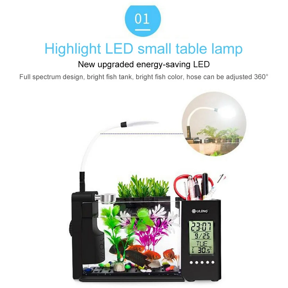 Мини-пластиковый аквариум для аквариумов светодиодный USB Betta аквариумные рыбки с держателем для ручки ЖК-дисплей экран и часы