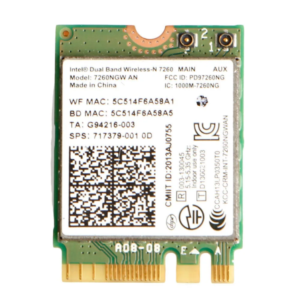Беспроводная карта-адаптер для двух диапазонов Φ NGFF Intel N 7260 7260NGW и 300Mbps WIFI + Bluetooth 4 0