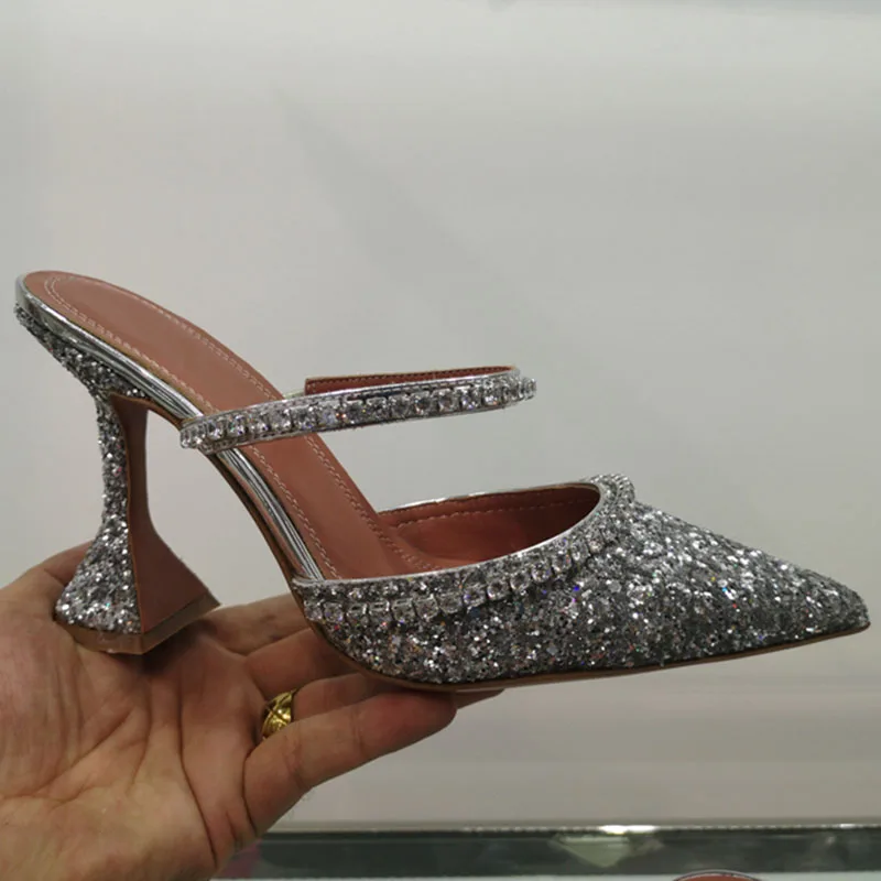 Женские блестящие сандалии гладиаторы с острым носком ремешком из страз на