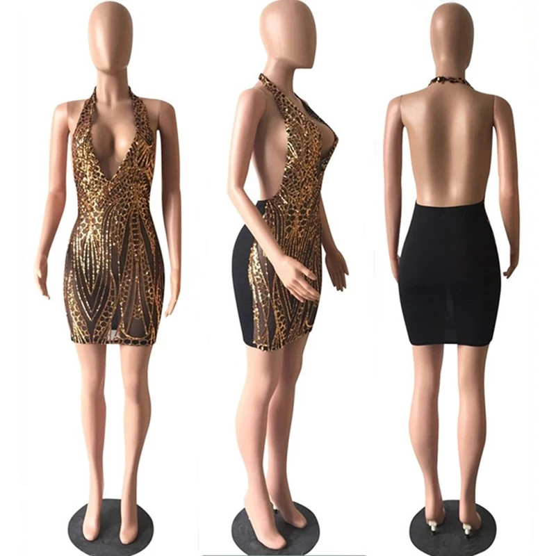 Sexy Women Deep-V Bandage Bodycon Dress Bronzing Mesh Party Clubwear Sleeveless Backless Mini Ladies |