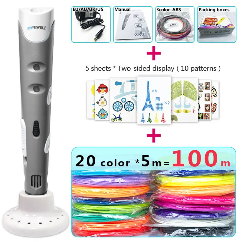 Gray pen Package 2 Myriwell 3d Ручка 3d ручки, 1,75 мм ABS/PLA нити, 3 d ручка SmartChild подарок на день рождения, 3d печать pen3d модель - Цвет: Gray pen Package 2