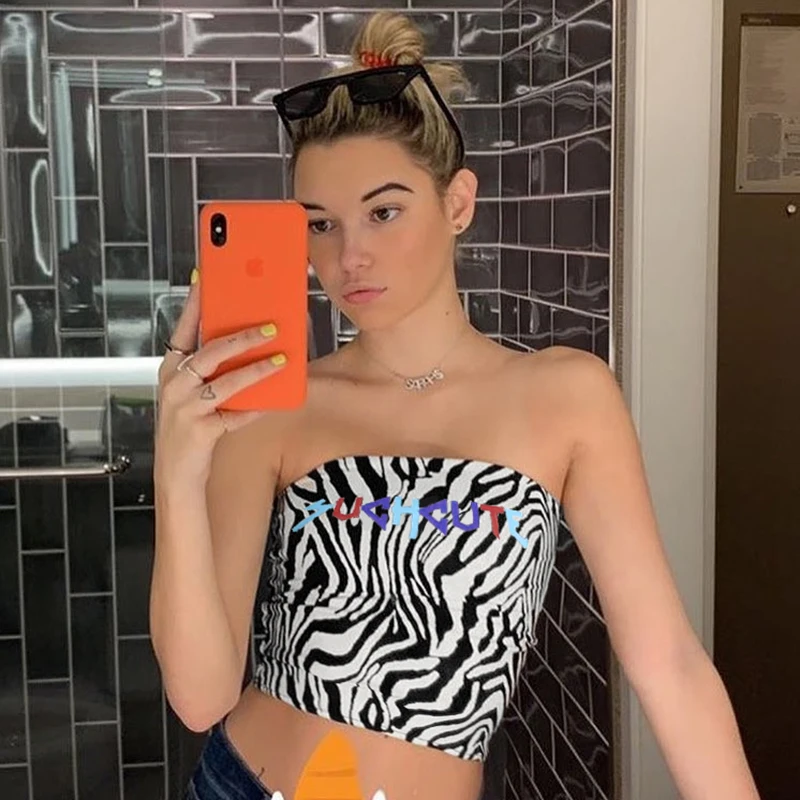 Сексуальный топ с рисунком зебры и буквенным принтом 2019 Летний Топ без бретелек