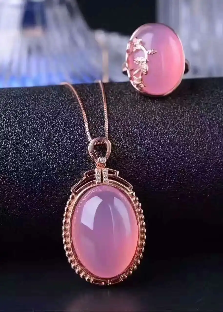 

Natural pink chalcedony gem jewelry sets natural gemstone ring Pendant 925 silver classic big luxurious Round women fine jewelry