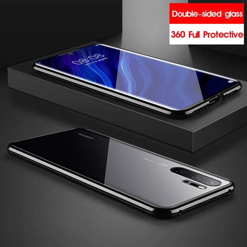 Black Двойной изогнутый 360 чехол на весь корпус для huawei P30 Pro P20 P20Pro P30Pro, магнитный металлический бампер и переднее закаленное стекло - Цвет: Black