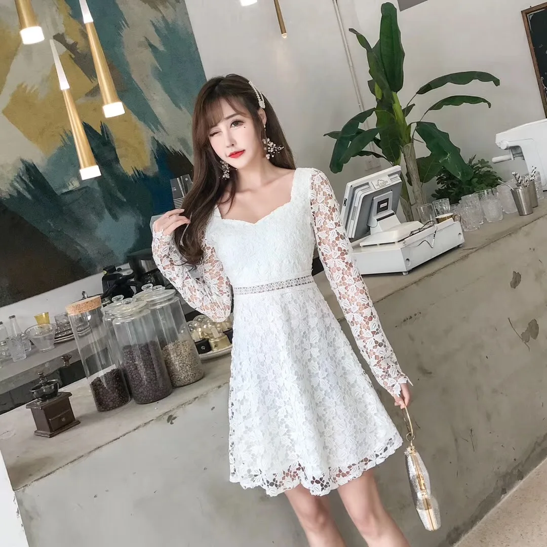 

EDGLulu lace dress hot pink blue Korean elegant express it in long sleeve springrunway mini 2019 high quality see through dress