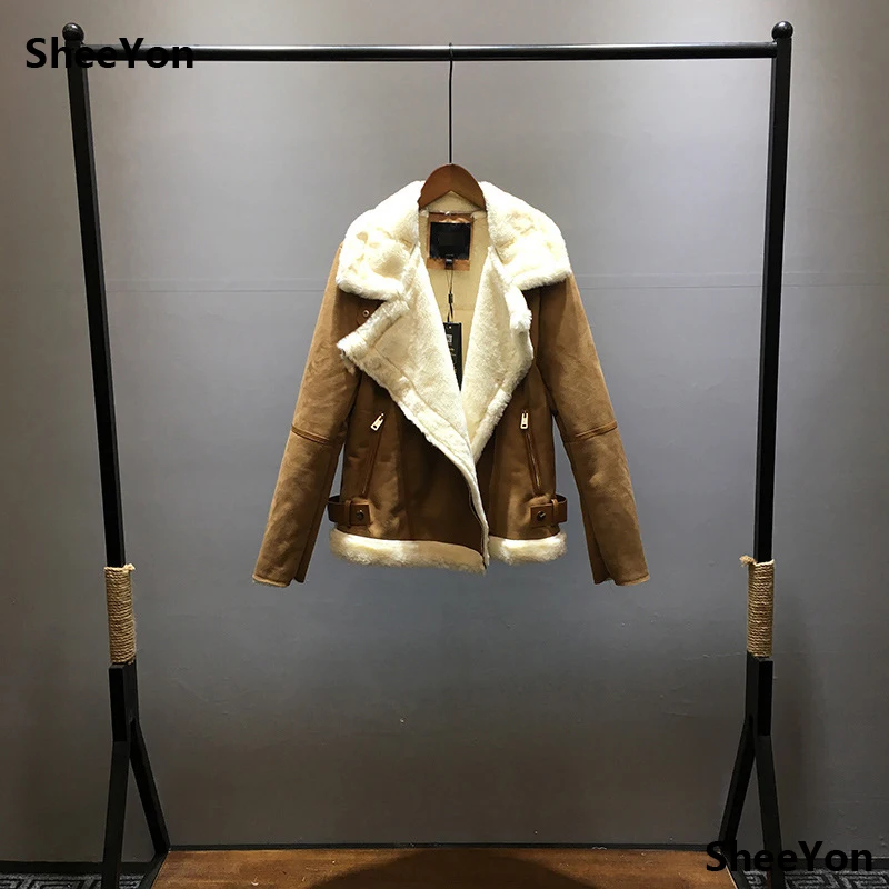 SheeYon Winter warm suede Patchwork lamb fur Jackets slim plus size zipper jacket women's Camel color 1001349 | Женская одежда