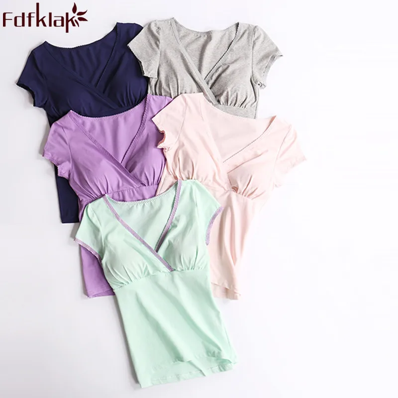 Fdfklak Summer Cotton Nursing Tops Breastfeeding Clothes For Pregnant Women New V-Neck Maternity T Shirt Clothes For Feeding