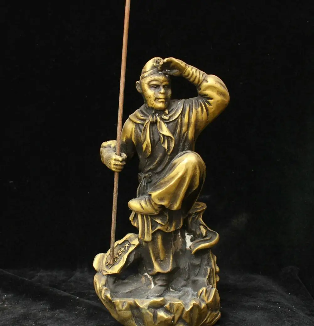 12 &quotКитайская старая желтая бронзовая ручная работа Sun Wukong Статуя обезьяны Будды