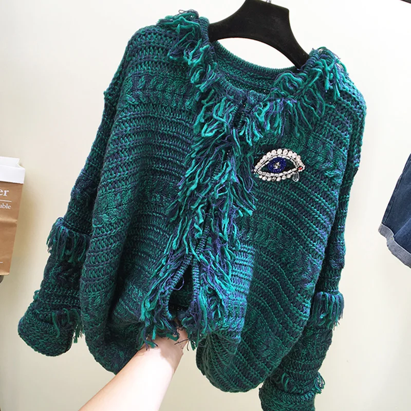 2018 chic autumn and winter new women's Korean matching knit nail drill tassel cardigan coat |