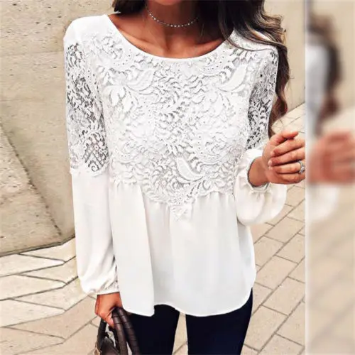 

2018 Lace Fashion Women Summer Loose Casual Chiffon Long Sleeve Lace Tops White Floral Print Blouse