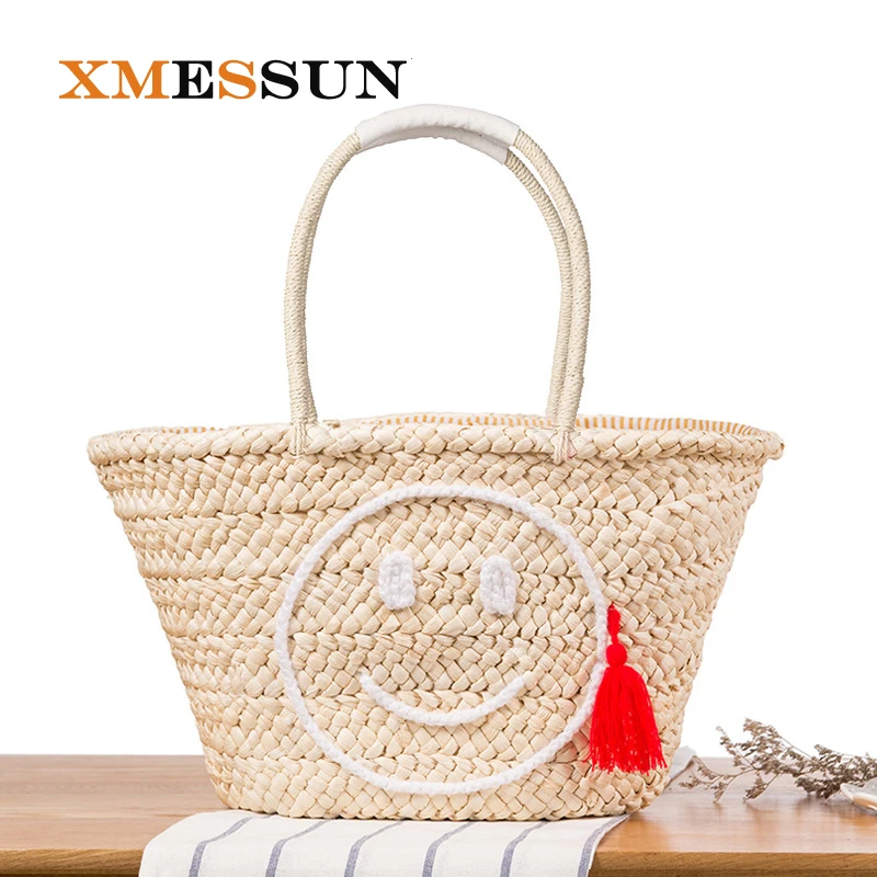 Женская Соломенная Сумка XMESSUN летняя плетеная через плечо с кисточками и