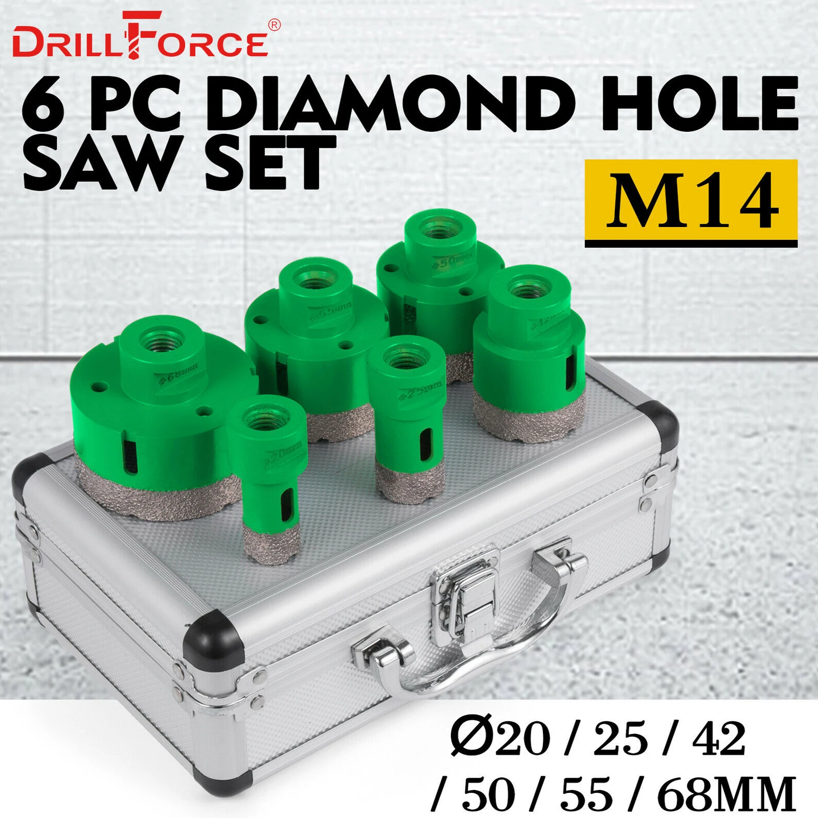 Алмазные пилы Drillforce M14 набор из 6 отверстий 20/25/42/50/55/68 мм прочный карборунд