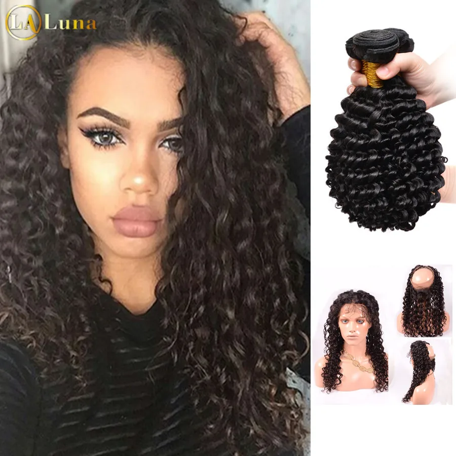 Brazilian Virgin Hair With Closure 7A Lace Frontal Bundles Deep Wave 360 Band |